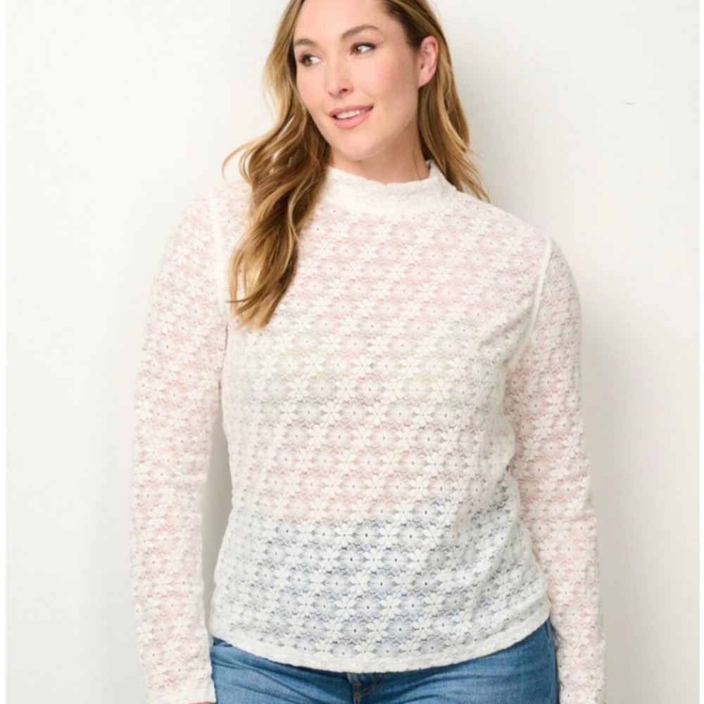 PLUS SIZE‎ LONG SLEEVE MOCK NECK FLORAL LACE BLOUSE TOP